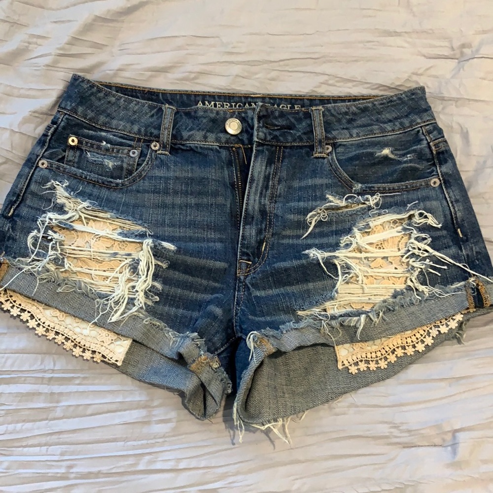 High Waist Lace Denim Distressed Shorts